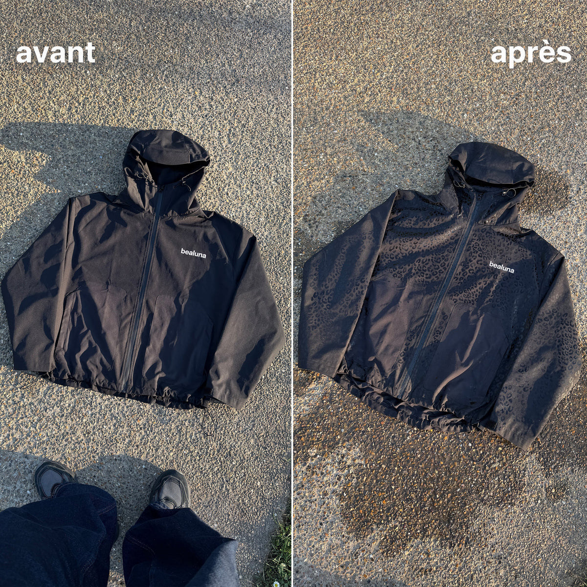 Avant et après : veste sèche et veste mouillée
